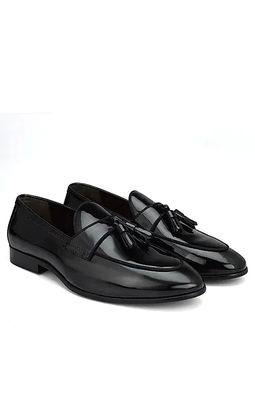 Black Patent Leather Loafers With Tassels