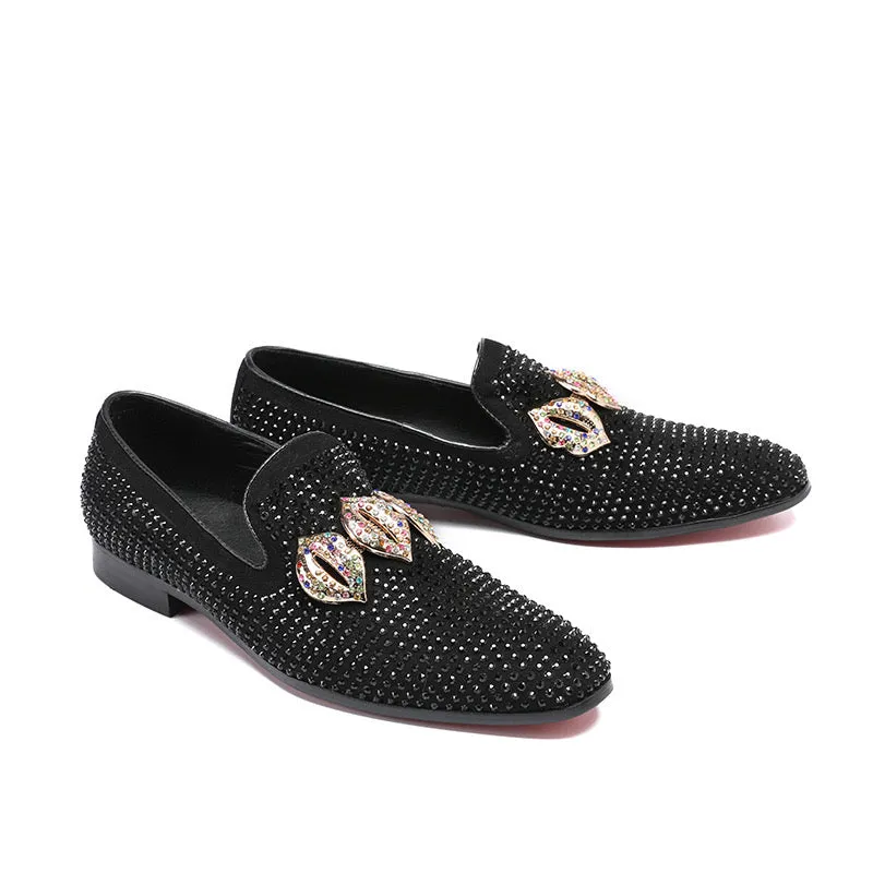 black Sticking diamond round head flat bottom men's dress shoes loafers