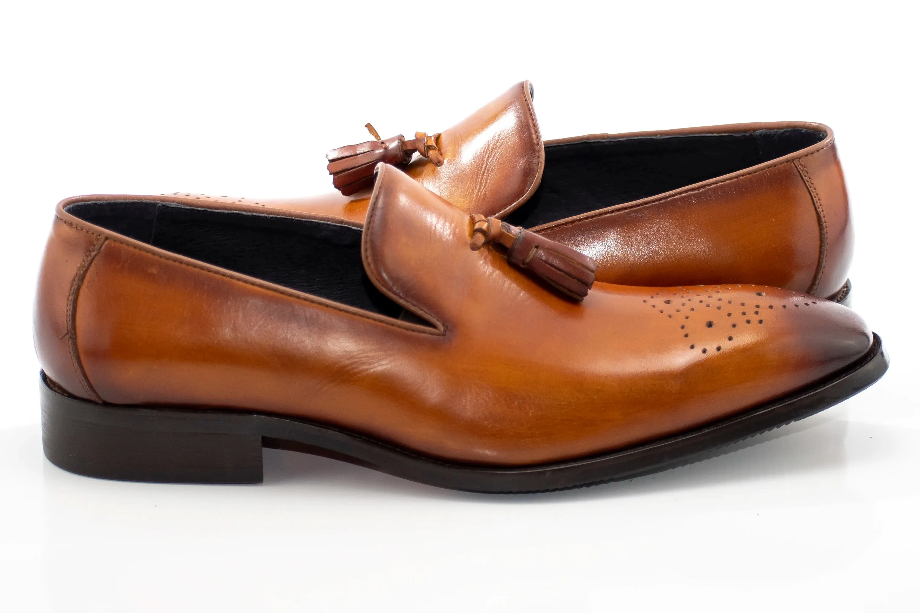 Cognac Medallion-Toe Tasseled Dress Loafer