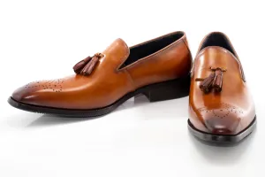 Cognac Medallion-Toe Tasseled Dress Loafer