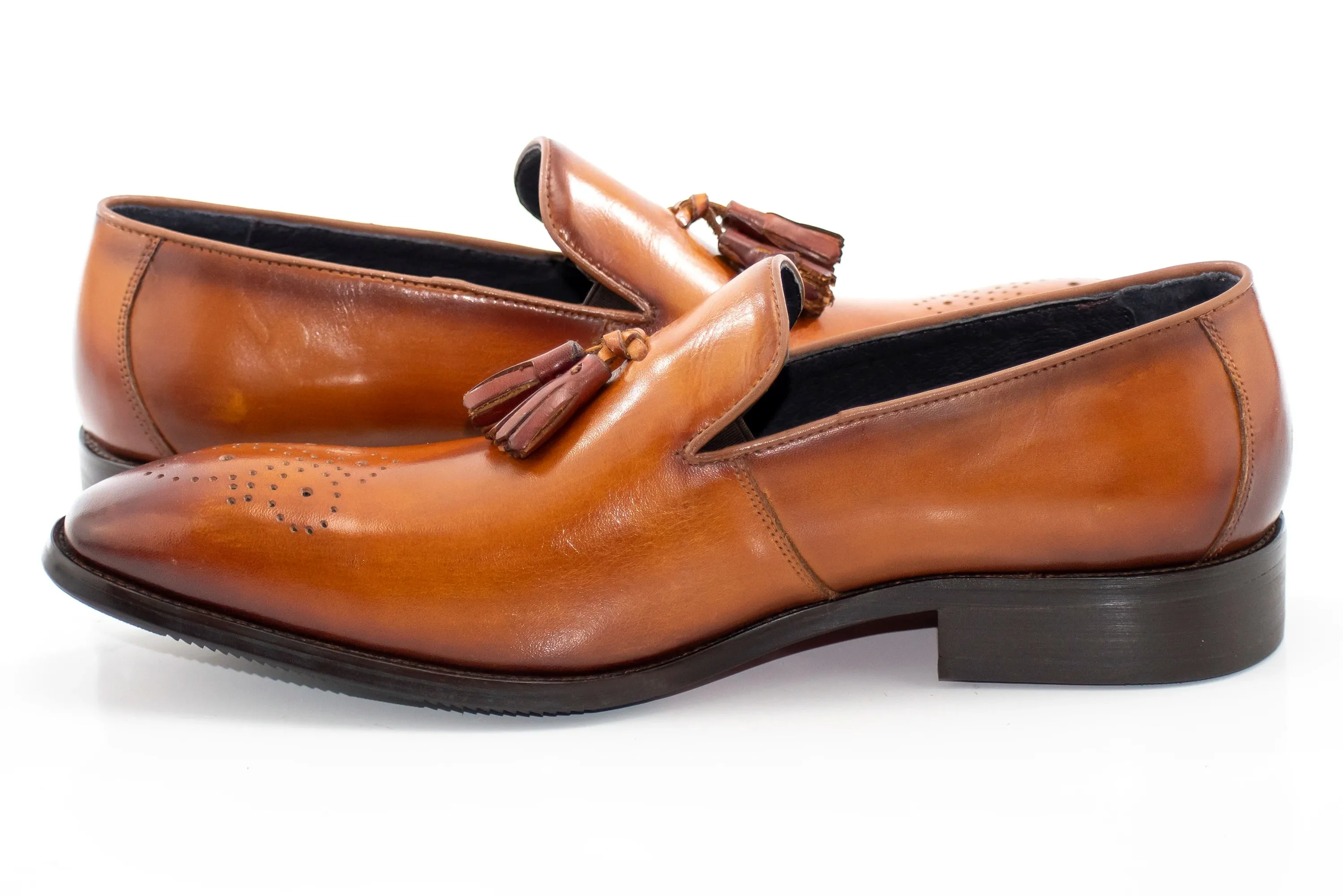 Cognac Medallion-Toe Tasseled Dress Loafer