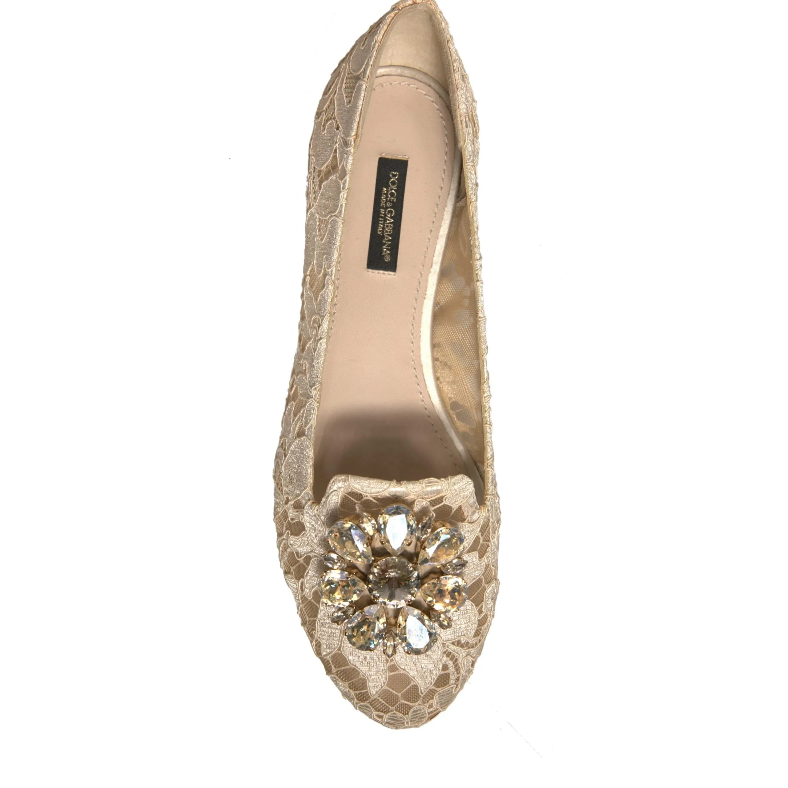 Dolce & Gabbana Beige Crystal Loafer Lace Ballet Flats Shoes