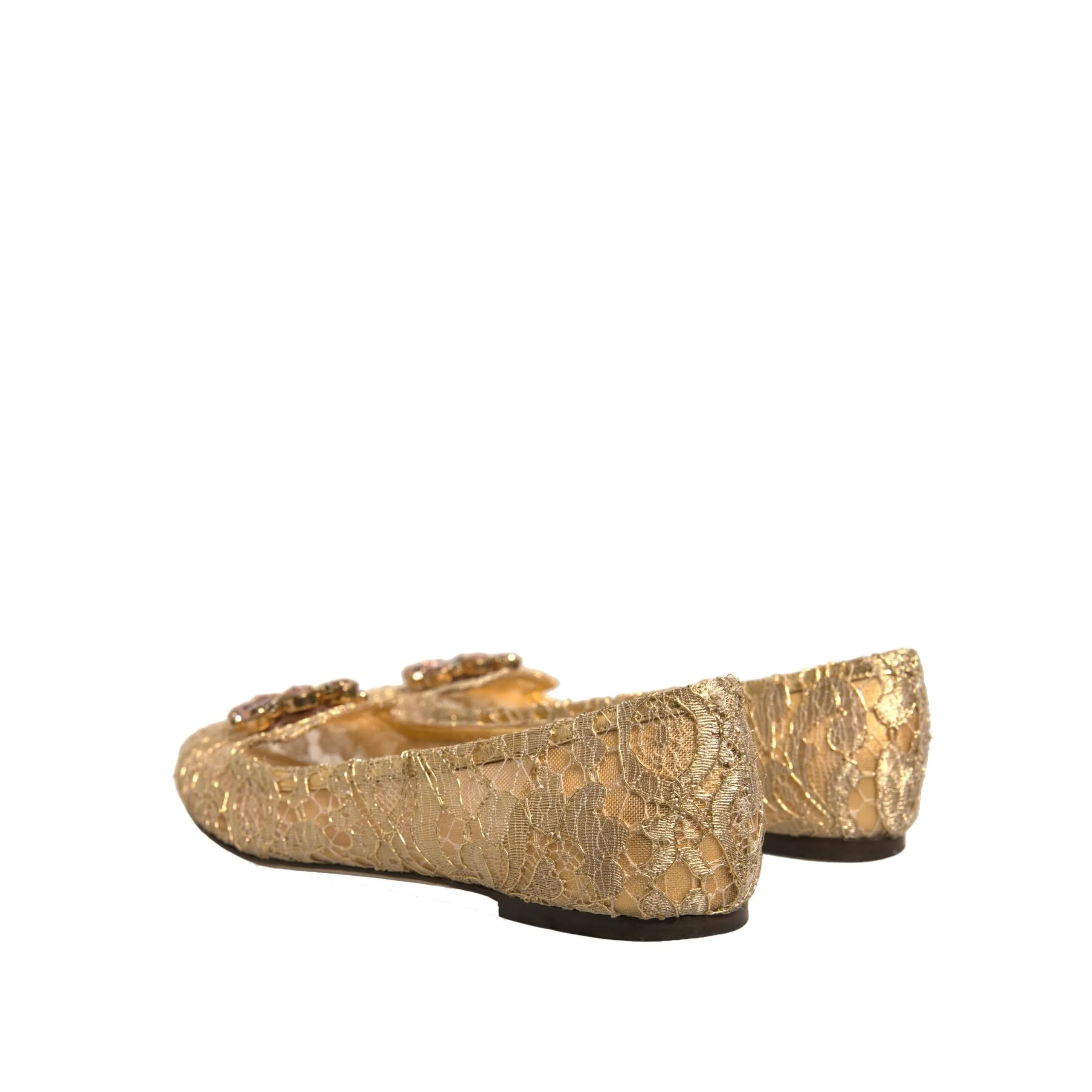 Dolce & Gabbana Gold Crystal Loafer Lace Ballet Flats Shoes
