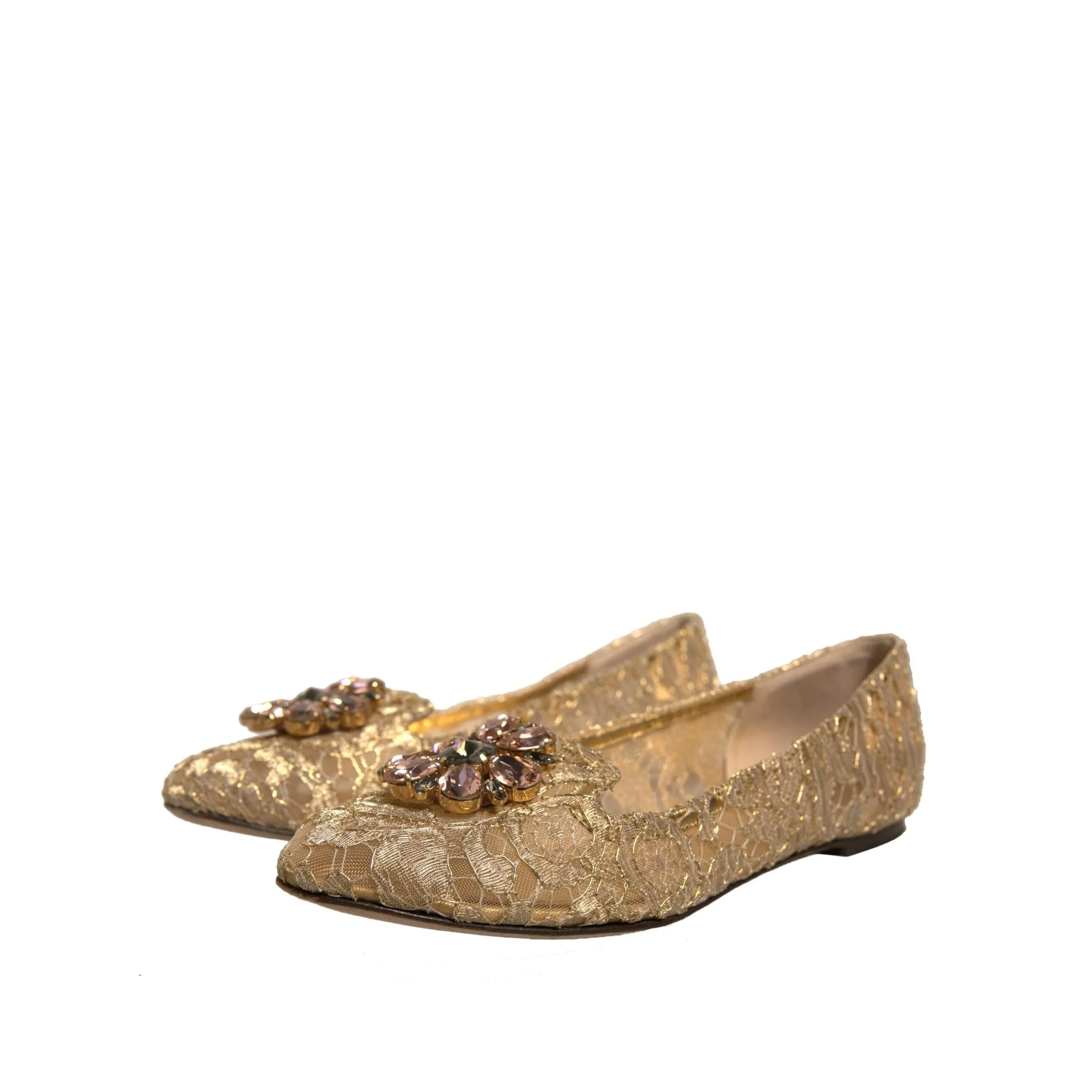 Dolce & Gabbana Gold Crystal Loafer Lace Ballet Flats Shoes