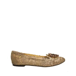 Dolce & Gabbana Gold Crystal Loafer Lace Ballet Flats Shoes