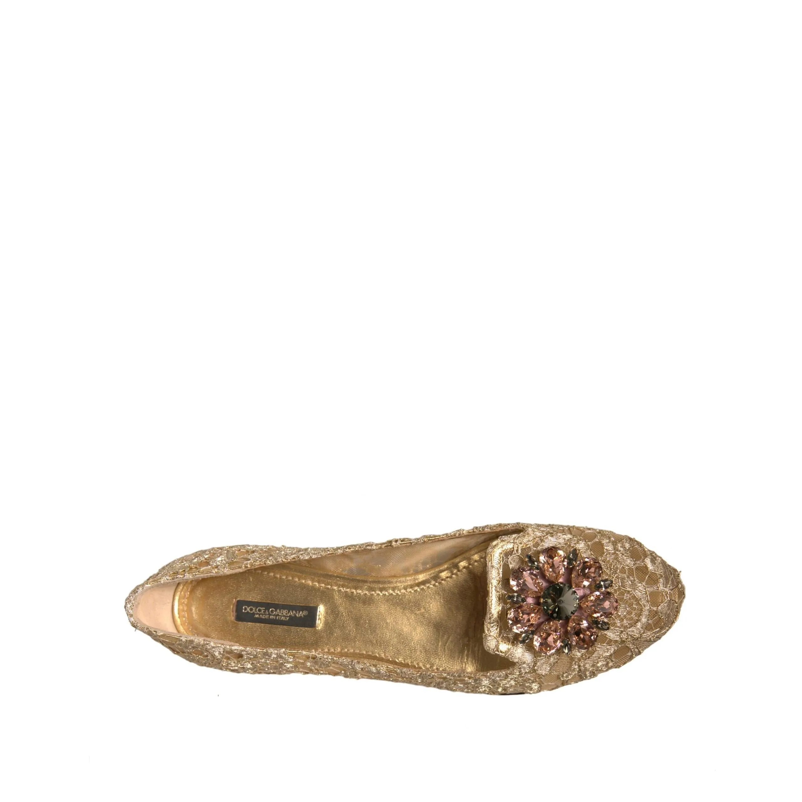 Dolce & Gabbana Gold Crystal Loafer Lace Ballet Flats Shoes