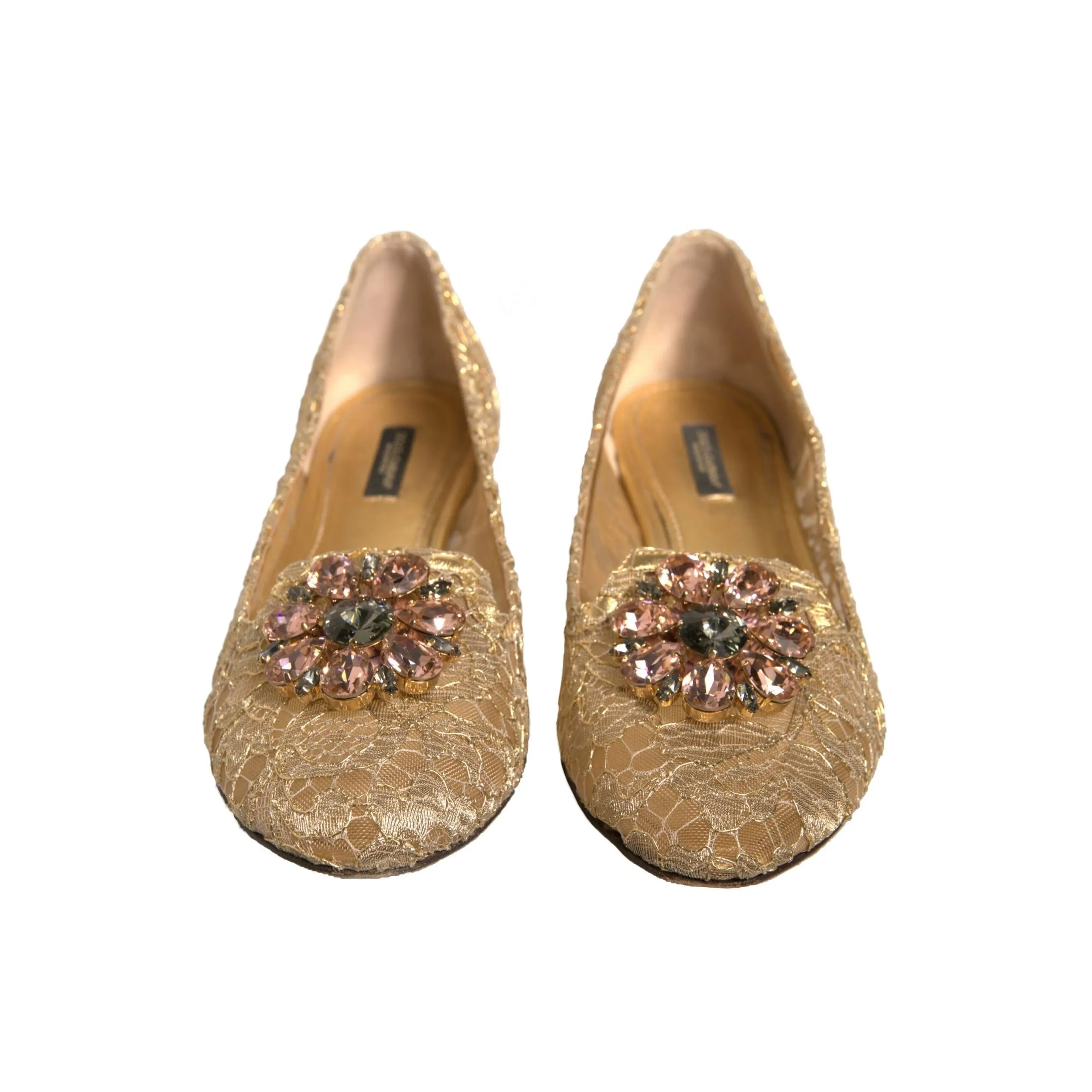 Dolce & Gabbana Gold Crystal Loafer Lace Ballet Flats Shoes