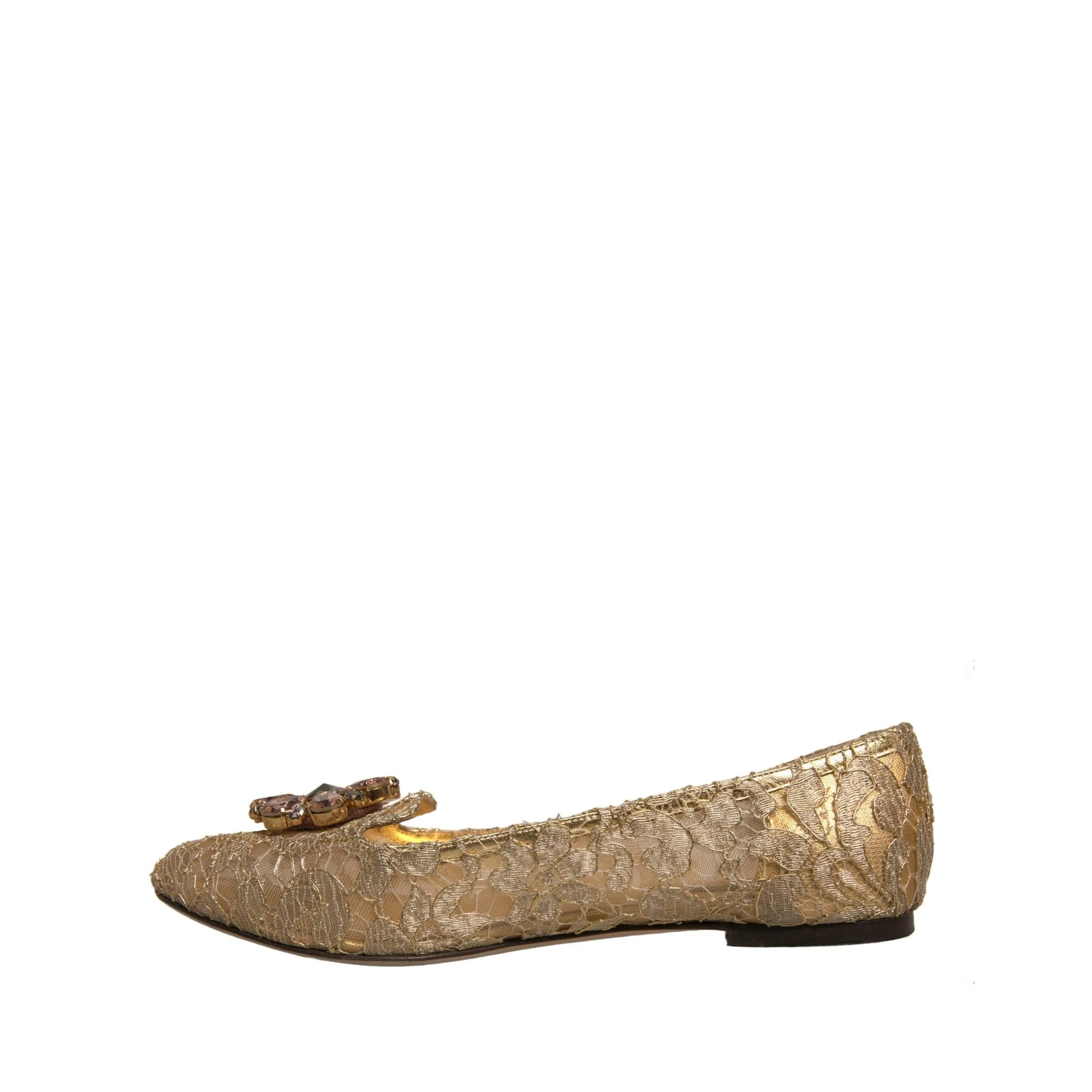 Dolce & Gabbana Gold Crystal Loafer Lace Ballet Flats Shoes