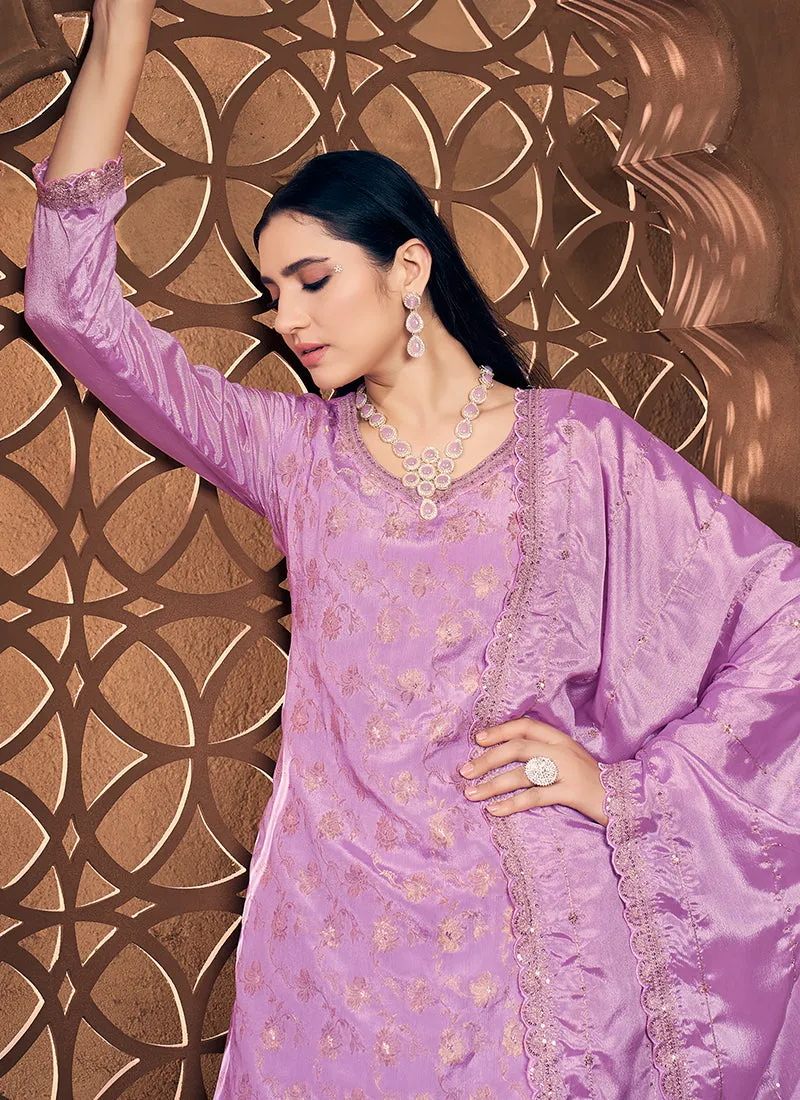 Lavender Golden Embroidery Festive Palazzo Suit