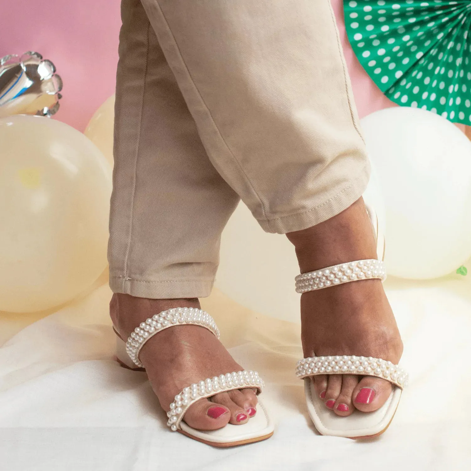 PRECIOUS Off White Pearl Low Heel Block Heels