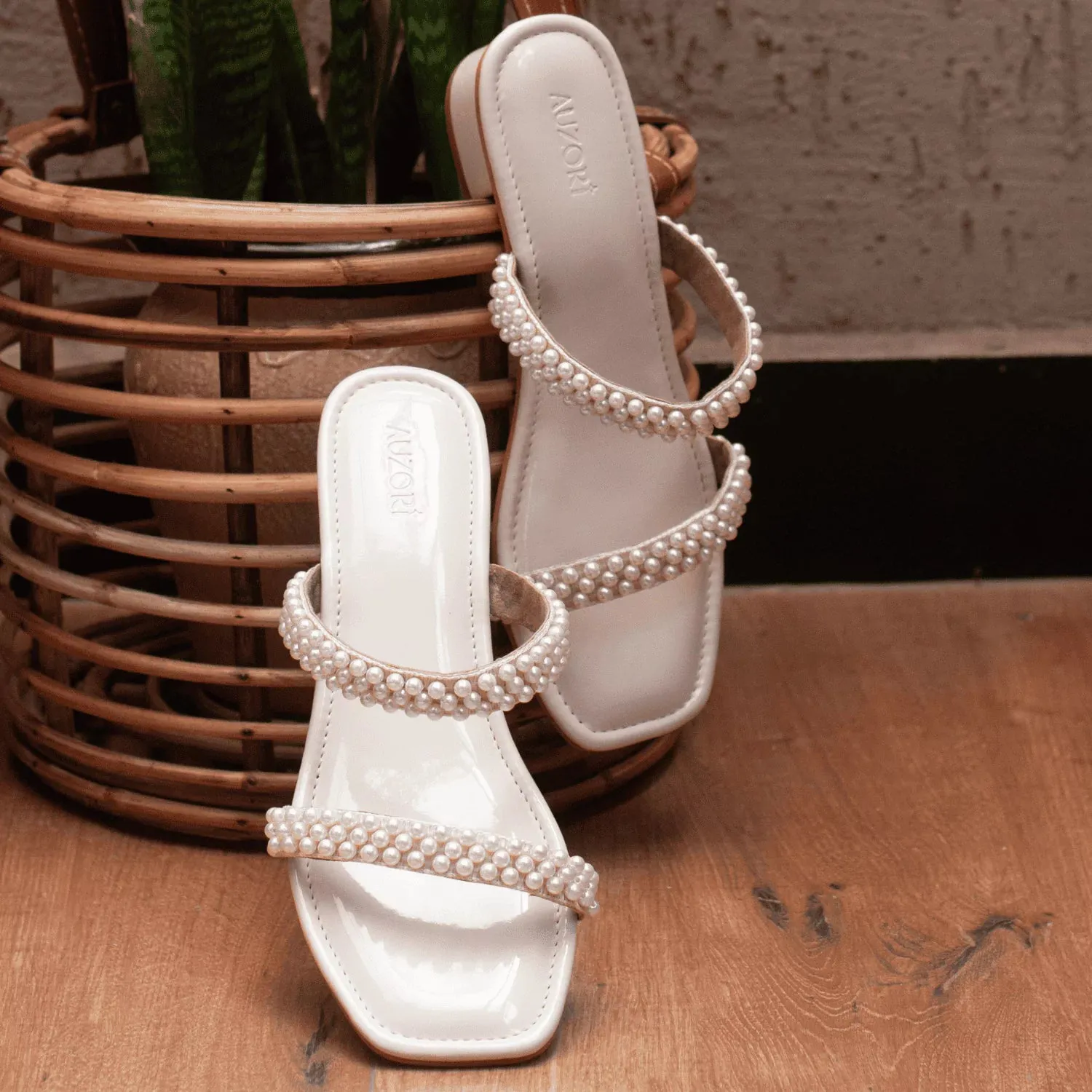 PRECIOUS Off White Pearl Low Heel Block Heels