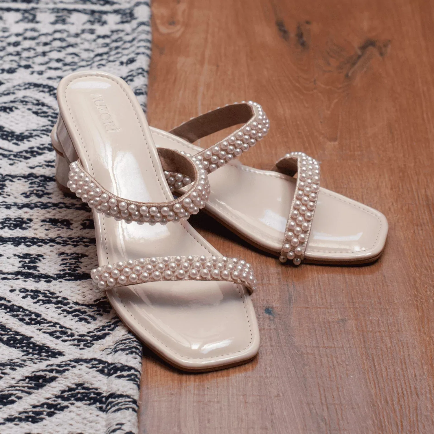 PRECIOUS Off White Pearl Low Heel Block Heels