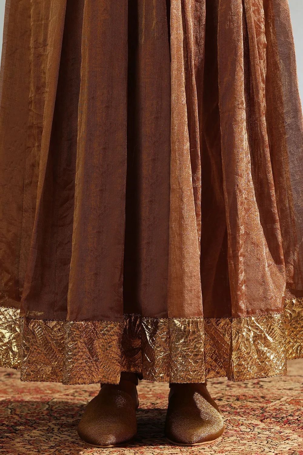 Silk Tissue Brown Hand Embroidered Anarkali Set