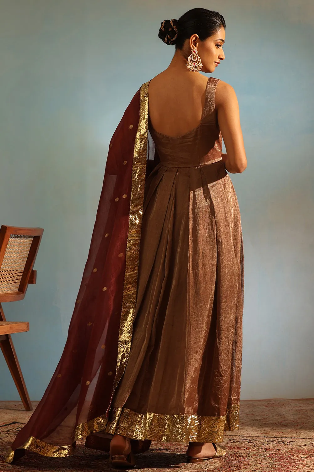 Silk Tissue Brown Hand Embroidered Anarkali Set
