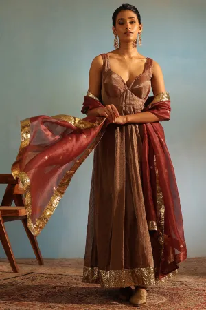 Silk Tissue Brown Hand Embroidered Anarkali Set