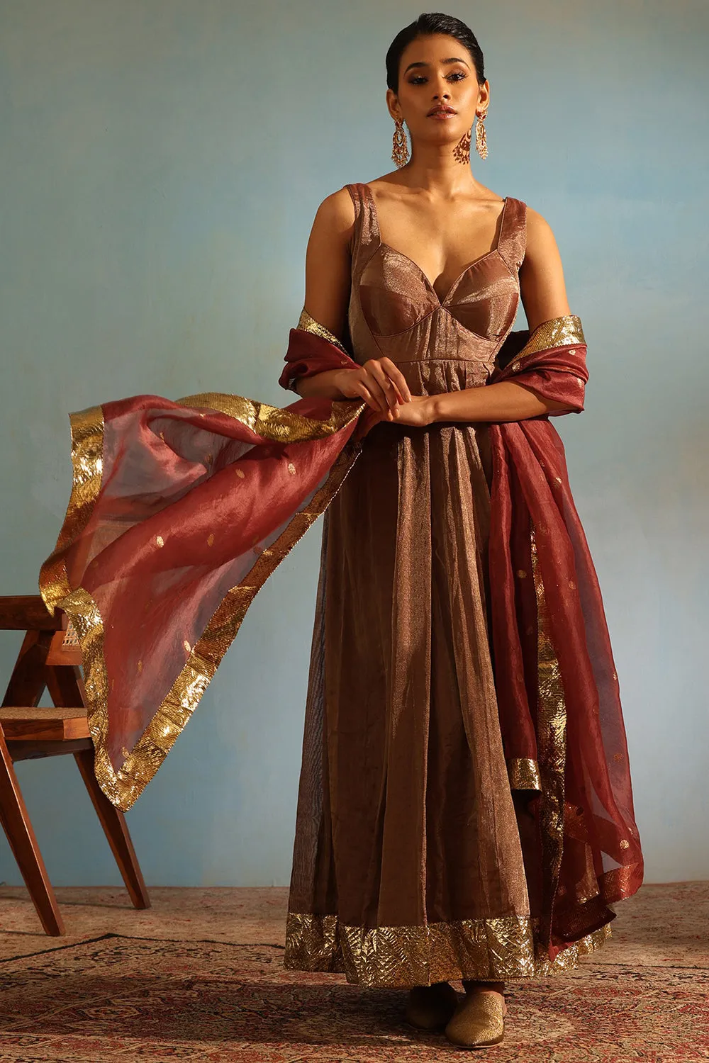 Silk Tissue Brown Hand Embroidered Anarkali Set