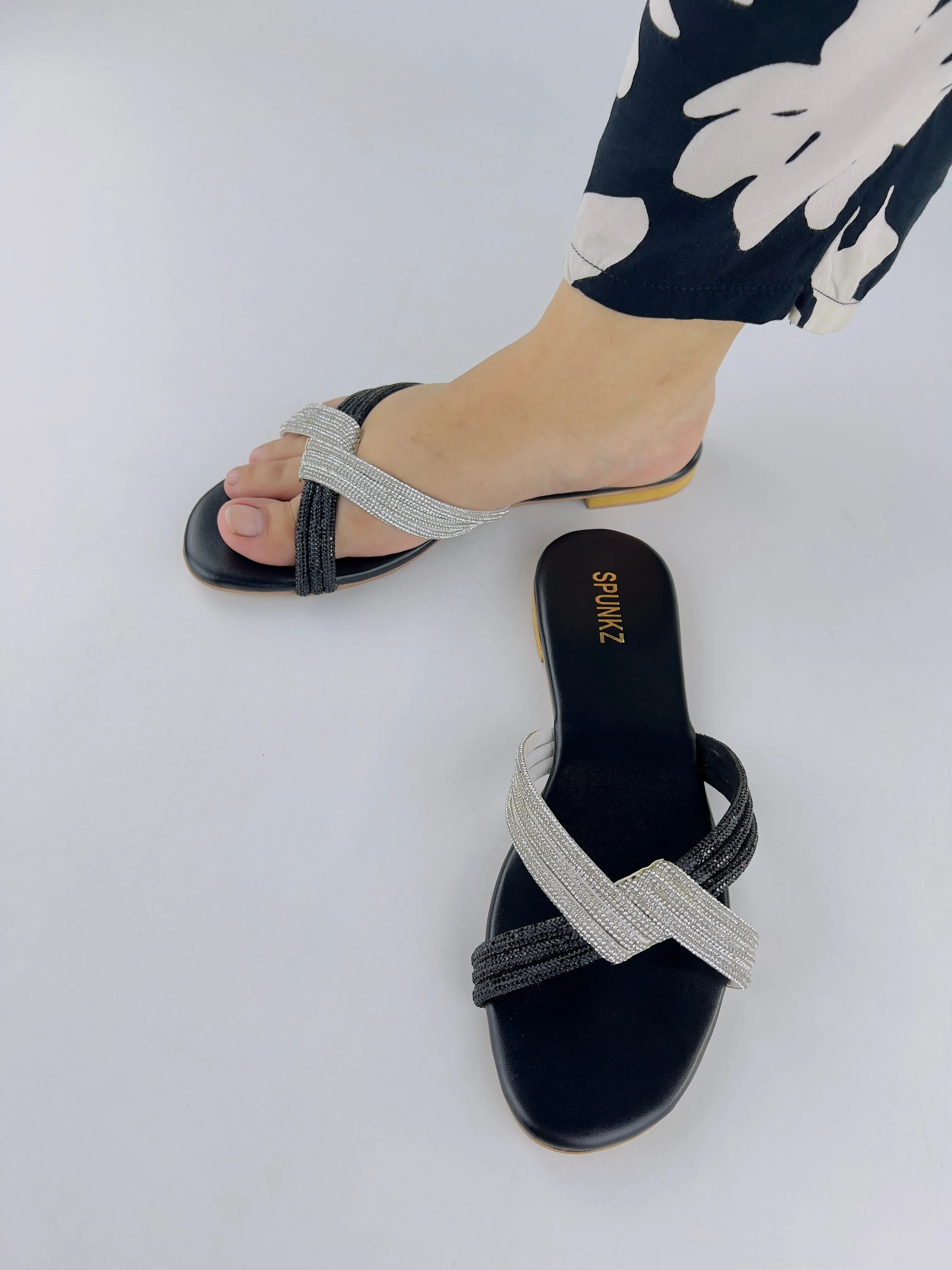 Spunkz Silver and Black Diamante Knot Strappy Flats Slides