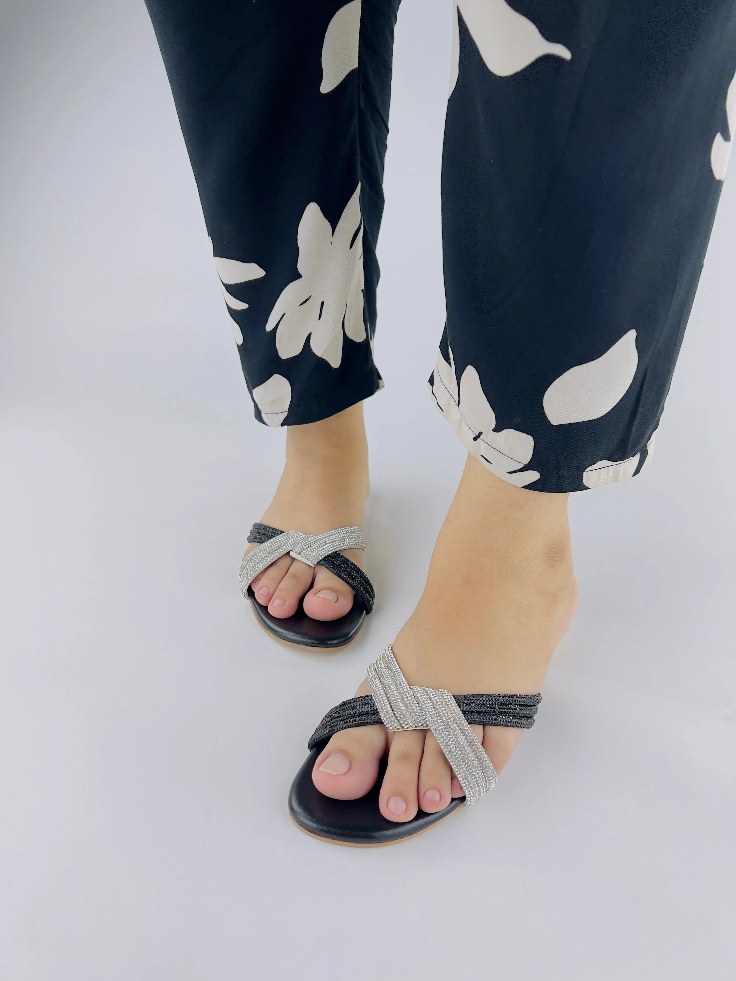 Spunkz Silver and Black Diamante Knot Strappy Flats Slides