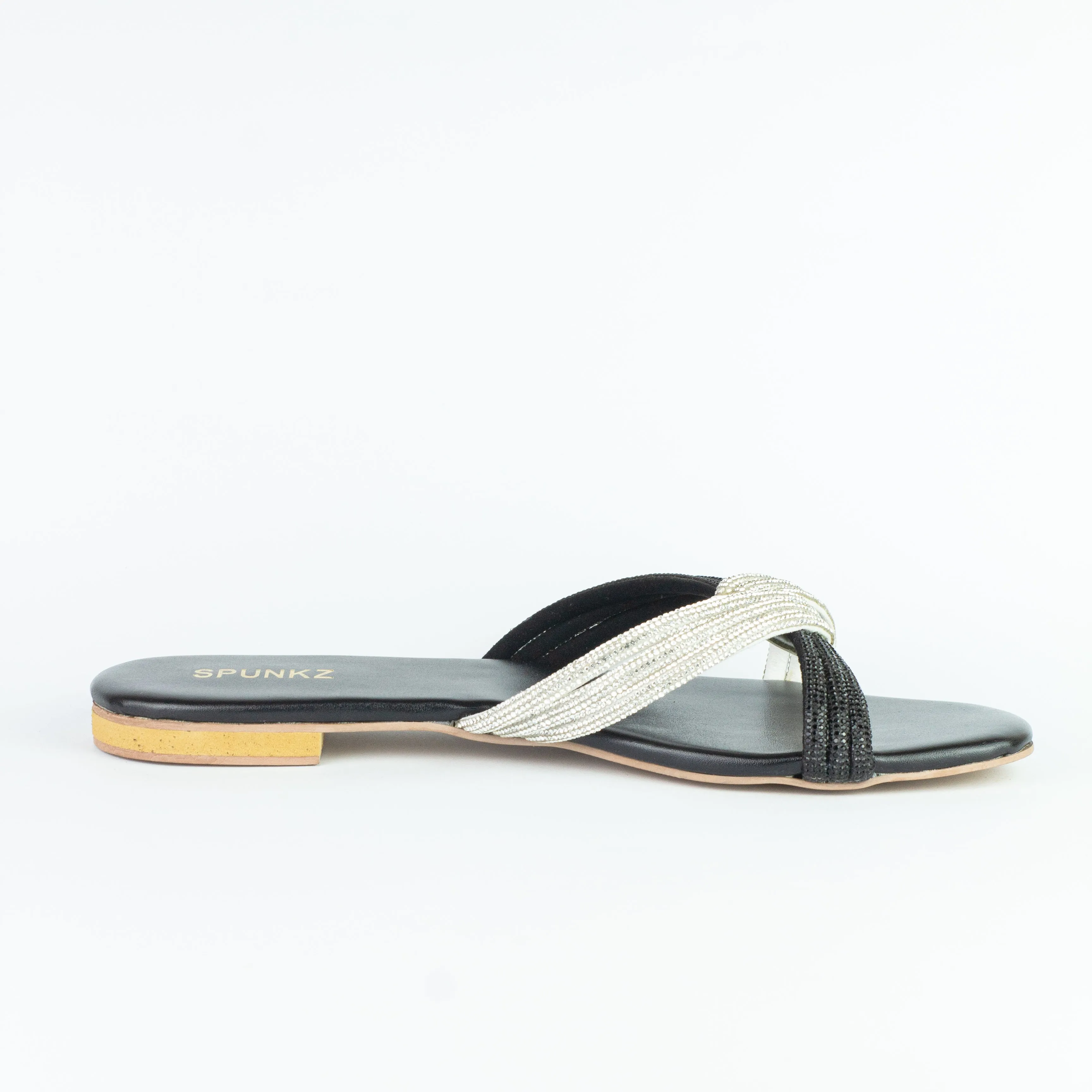 Spunkz Silver and Black Diamante Knot Strappy Flats Slides