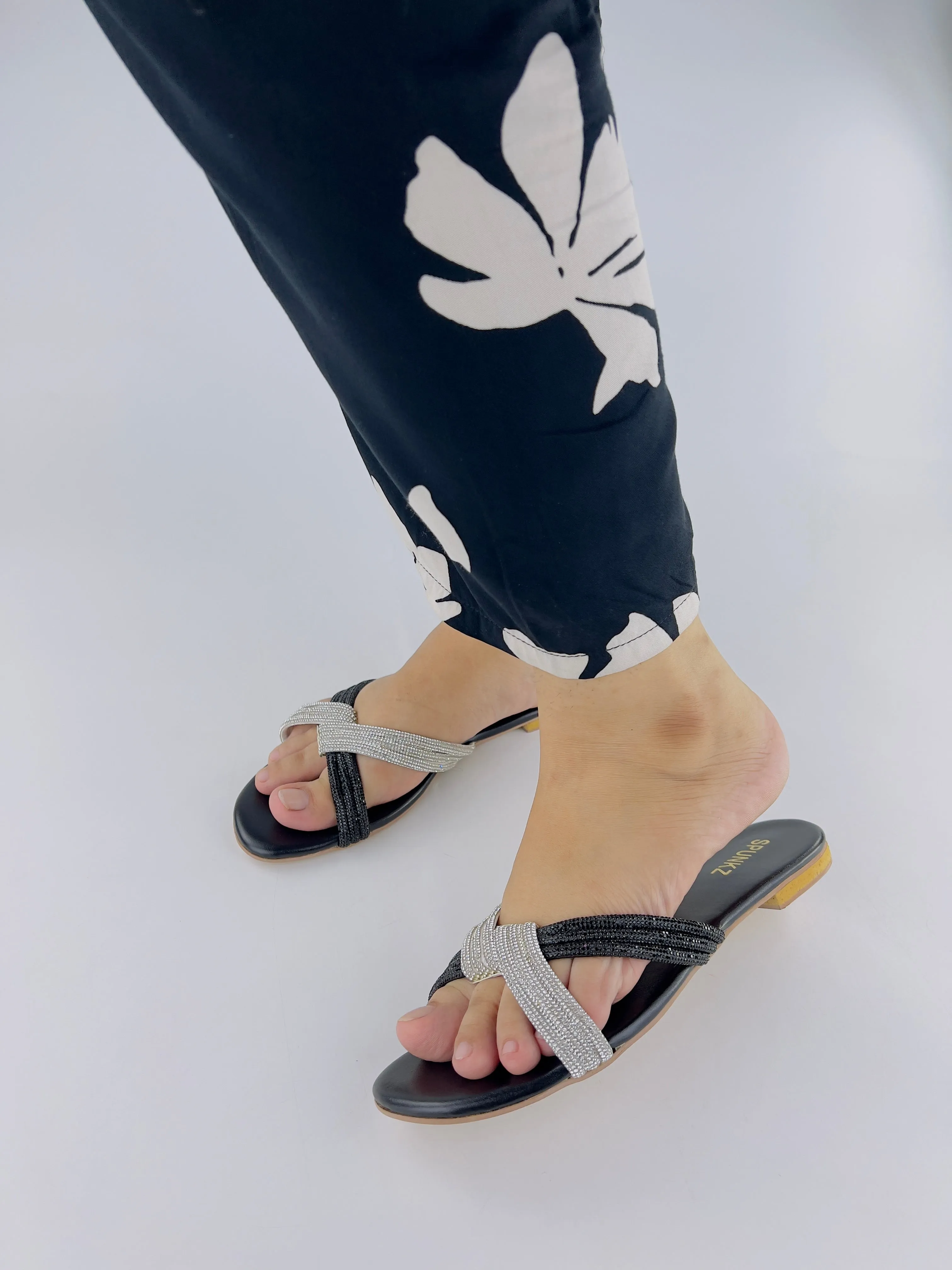 Spunkz Silver and Black Diamante Knot Strappy Flats Slides