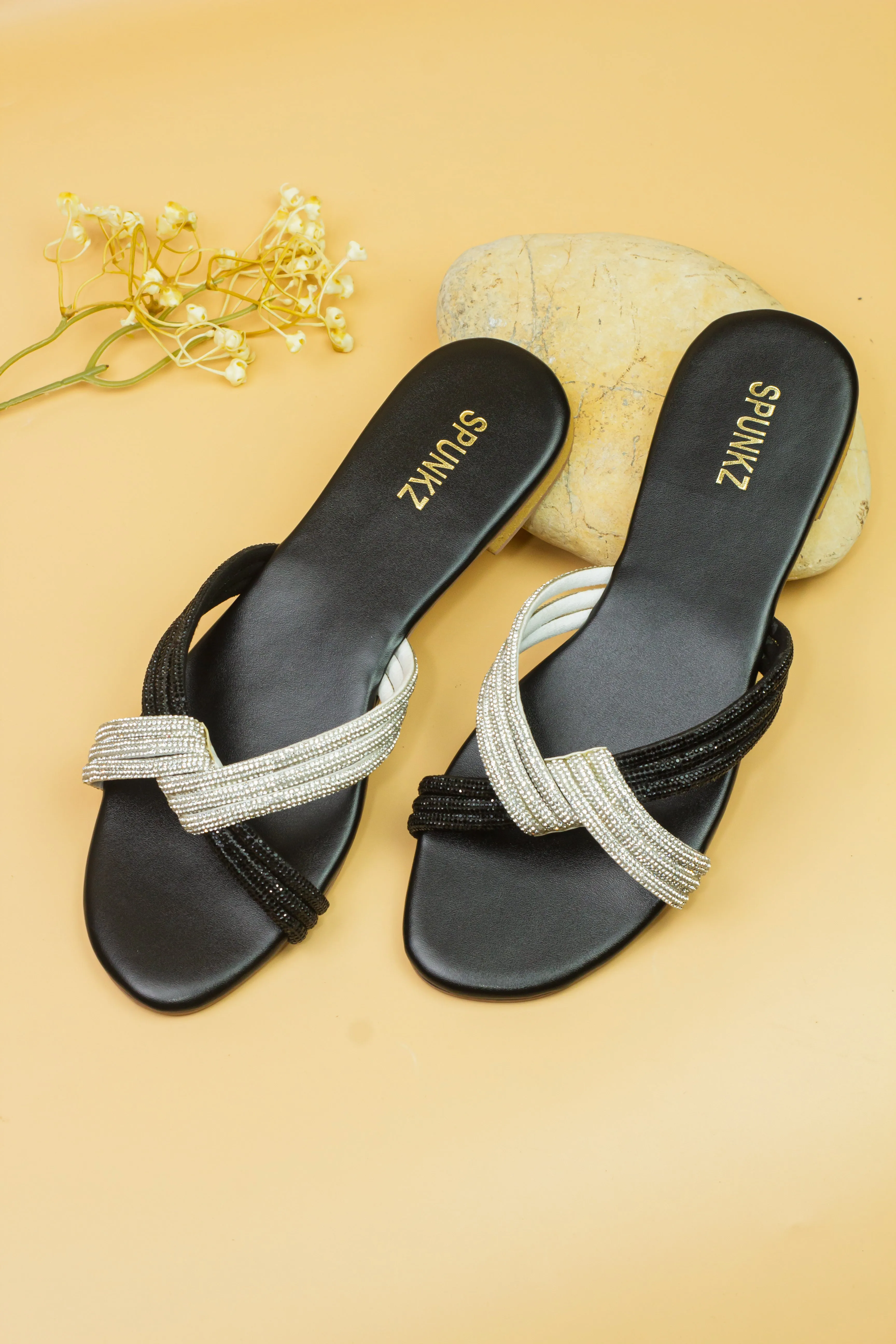 Spunkz Silver and Black Diamante Knot Strappy Flats Slides