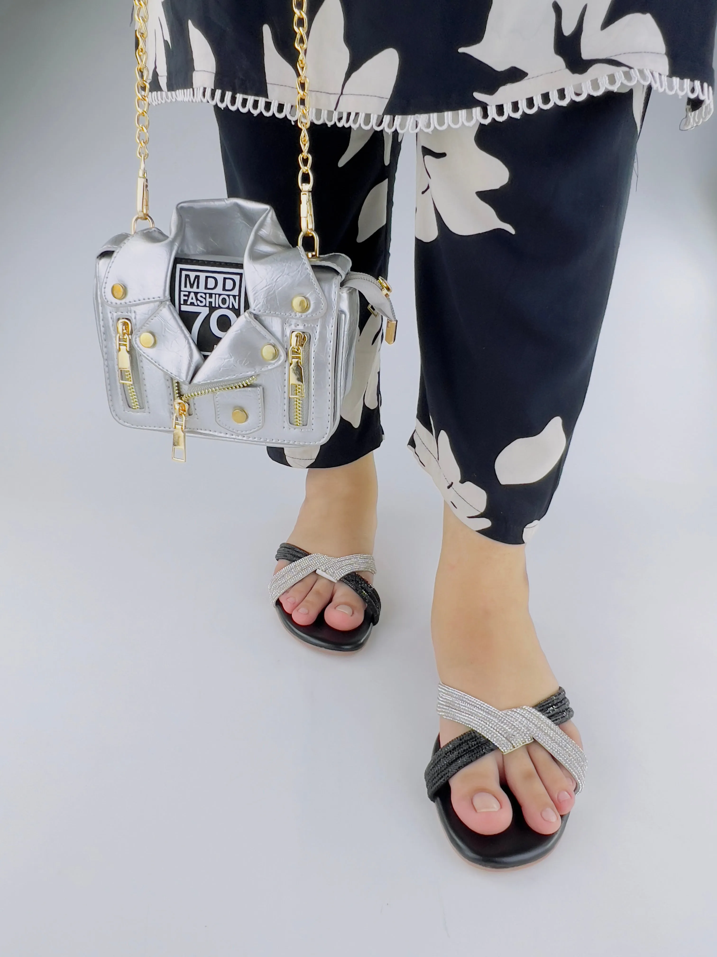 Spunkz Silver and Black Diamante Knot Strappy Flats Slides