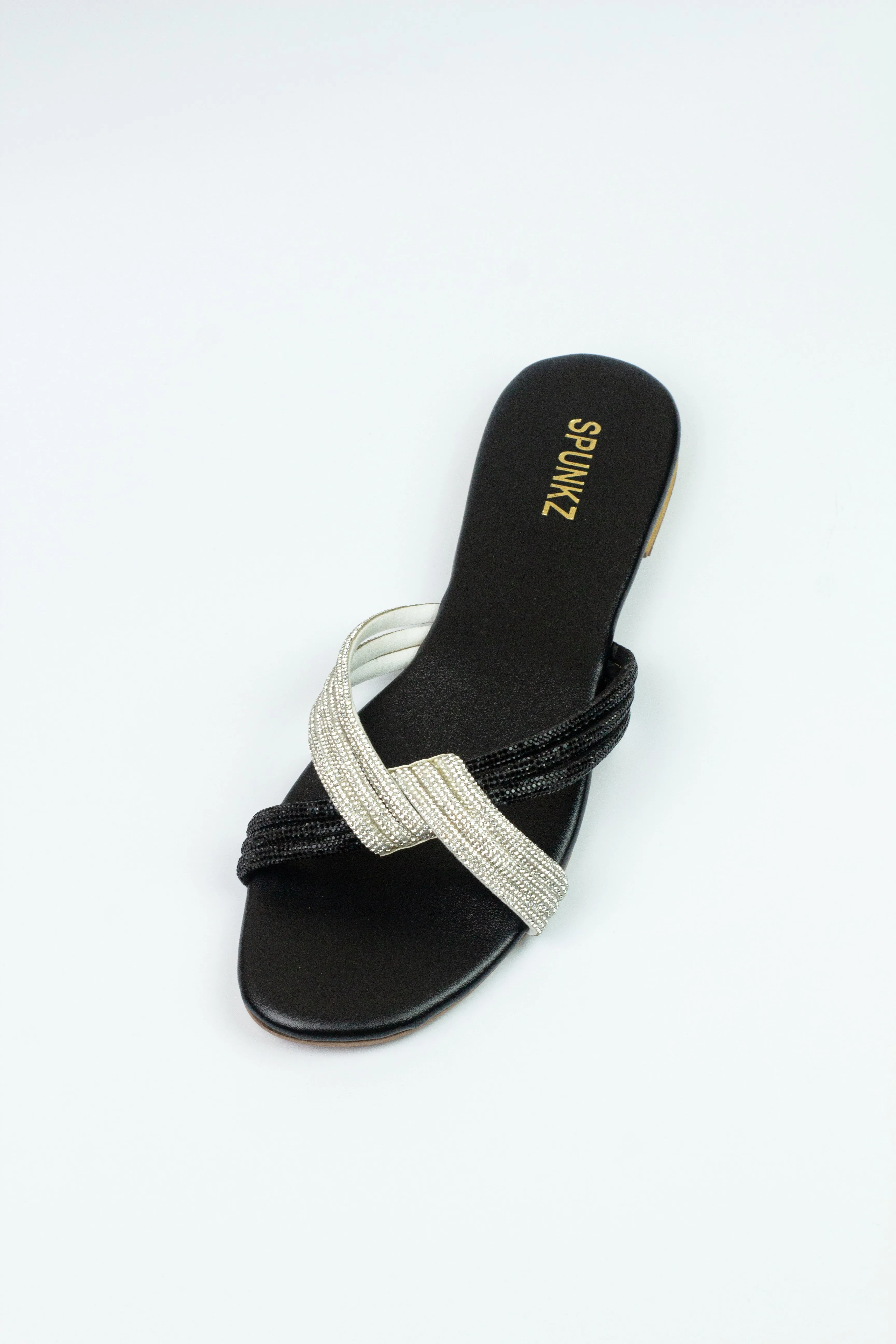 Spunkz Silver and Black Diamante Knot Strappy Flats Slides
