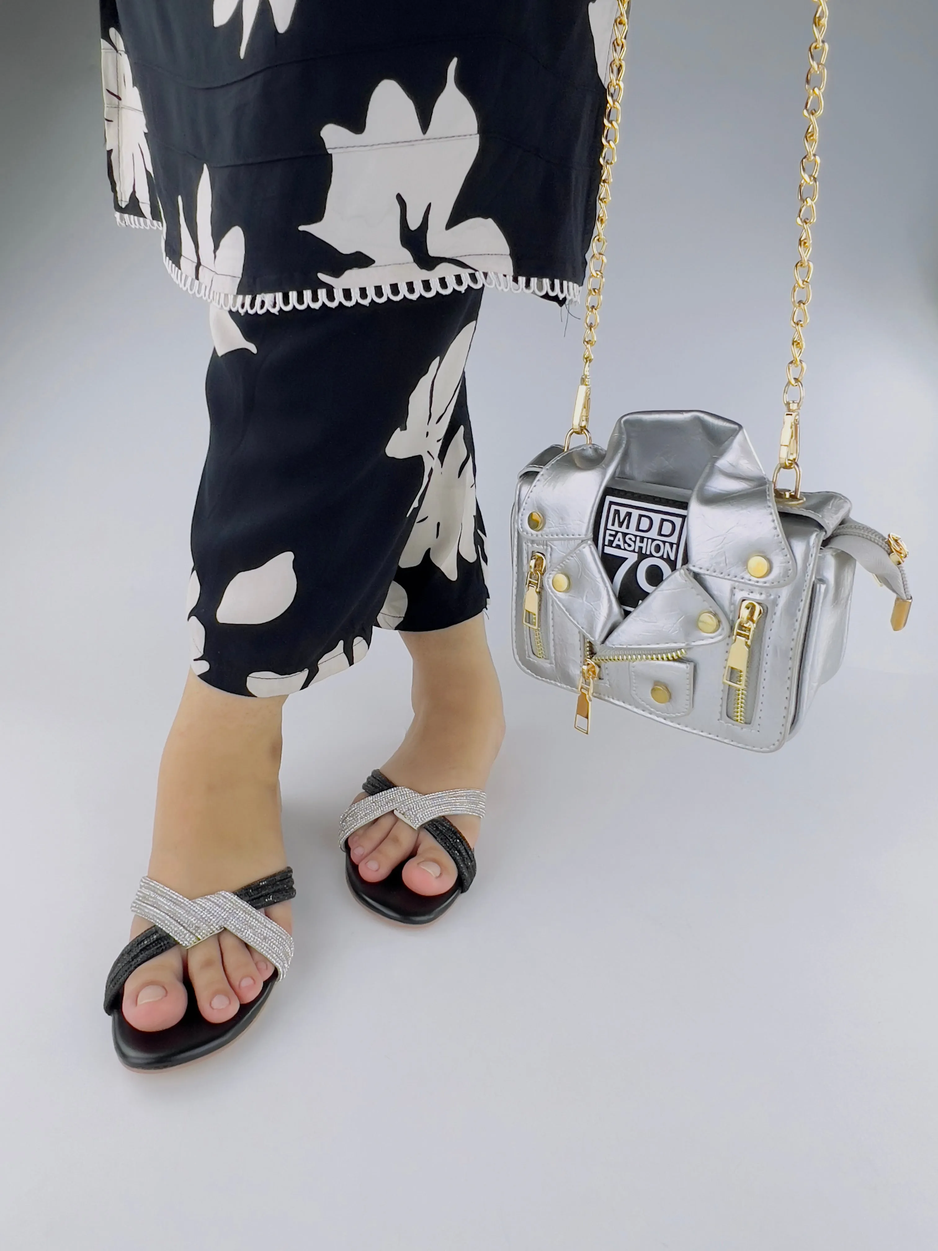 Spunkz Silver and Black Diamante Knot Strappy Flats Slides
