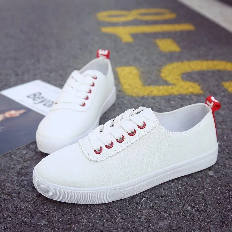 White Lace Up Round Toe Leather Letter Print Flats