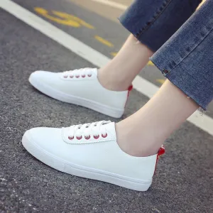 White Lace Up Round Toe Leather Letter Print Flats