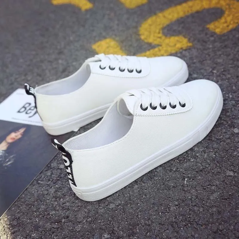 White Lace Up Round Toe Leather Letter Print Flats