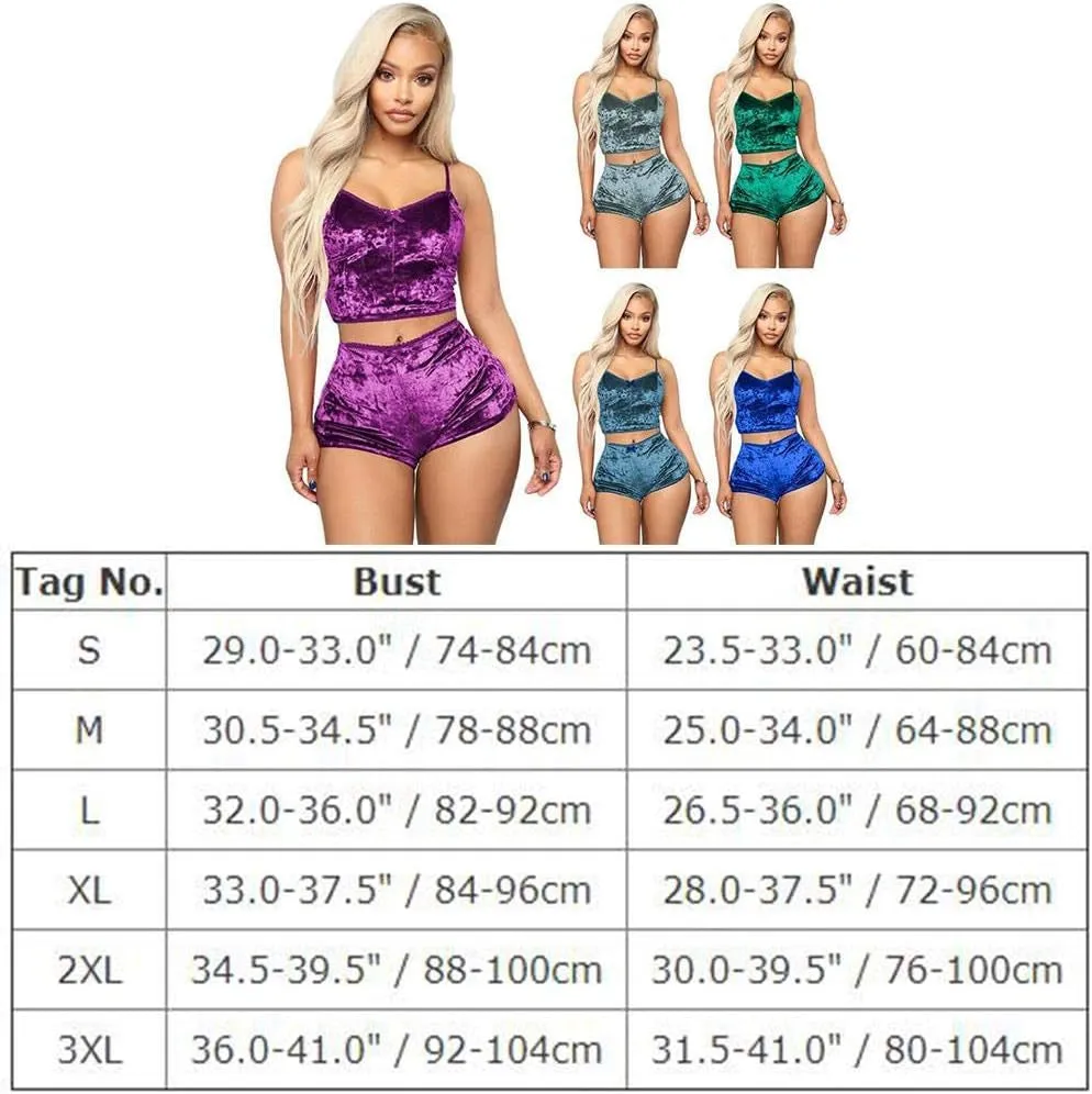 Women's 2 Piece Velvet Spaghetti Strap Crop Top and Shorts