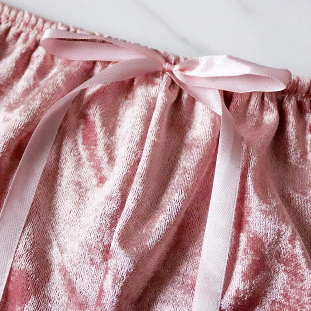 Women's 2 Piece Velvet Spaghetti Strap Crop Top and Shorts