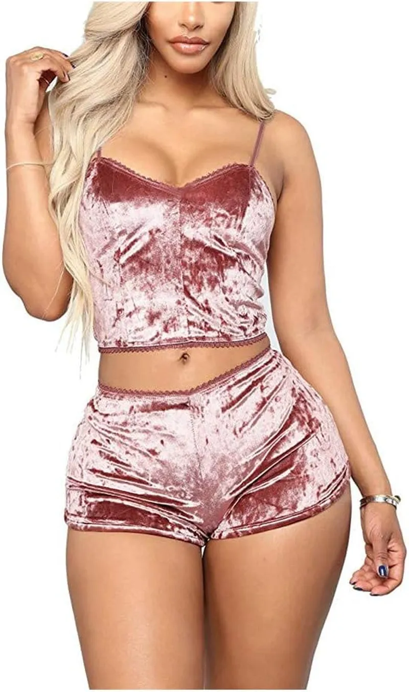 Women's 2 Piece Velvet Spaghetti Strap Crop Top and Shorts