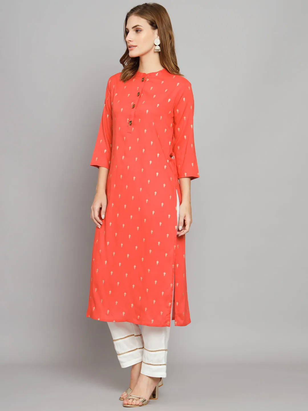 Women's Peach Rayon Straight  Kurta Palazzo Set