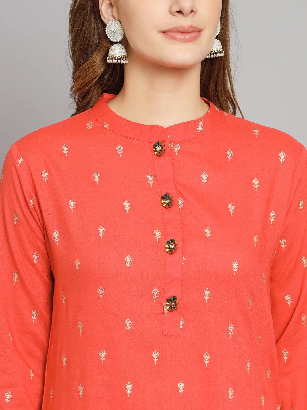 Women's Peach Rayon Straight  Kurta Palazzo Set