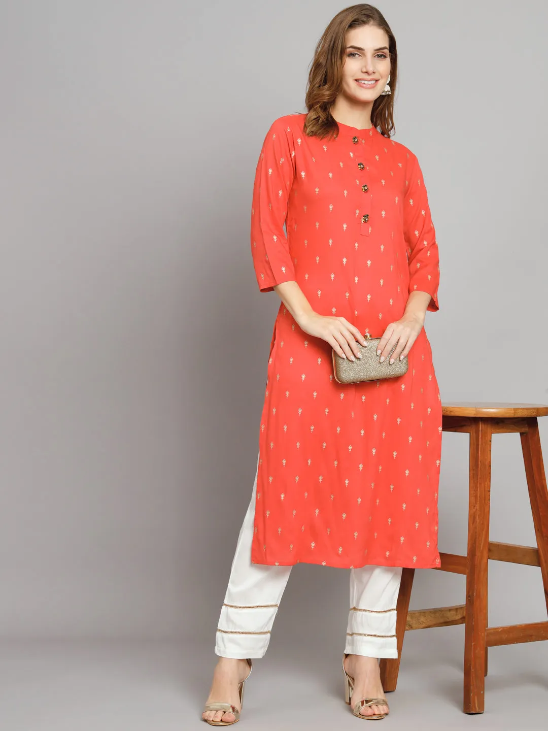 Women's Peach Rayon Straight  Kurta Palazzo Set