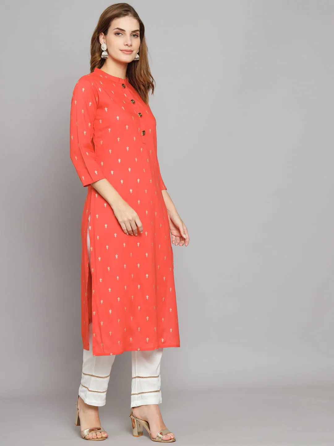 Women's Peach Rayon Straight  Kurta Palazzo Set