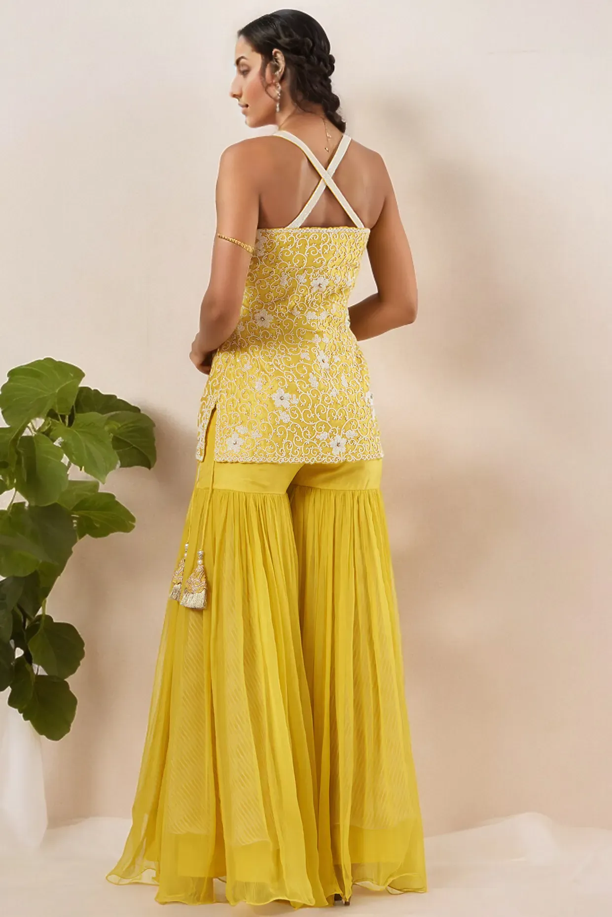 Yellow Raw Silk & Chiffon Gharara Set